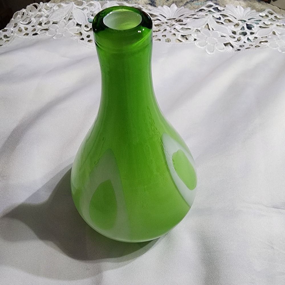 Vintage Green Art Glass Vase White Teardrop Cased Glass Mid Century Modern 8.5in
